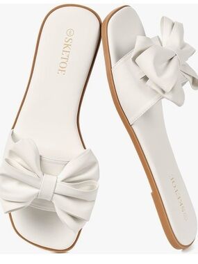 Skeitoe White Bow Slide Sandals